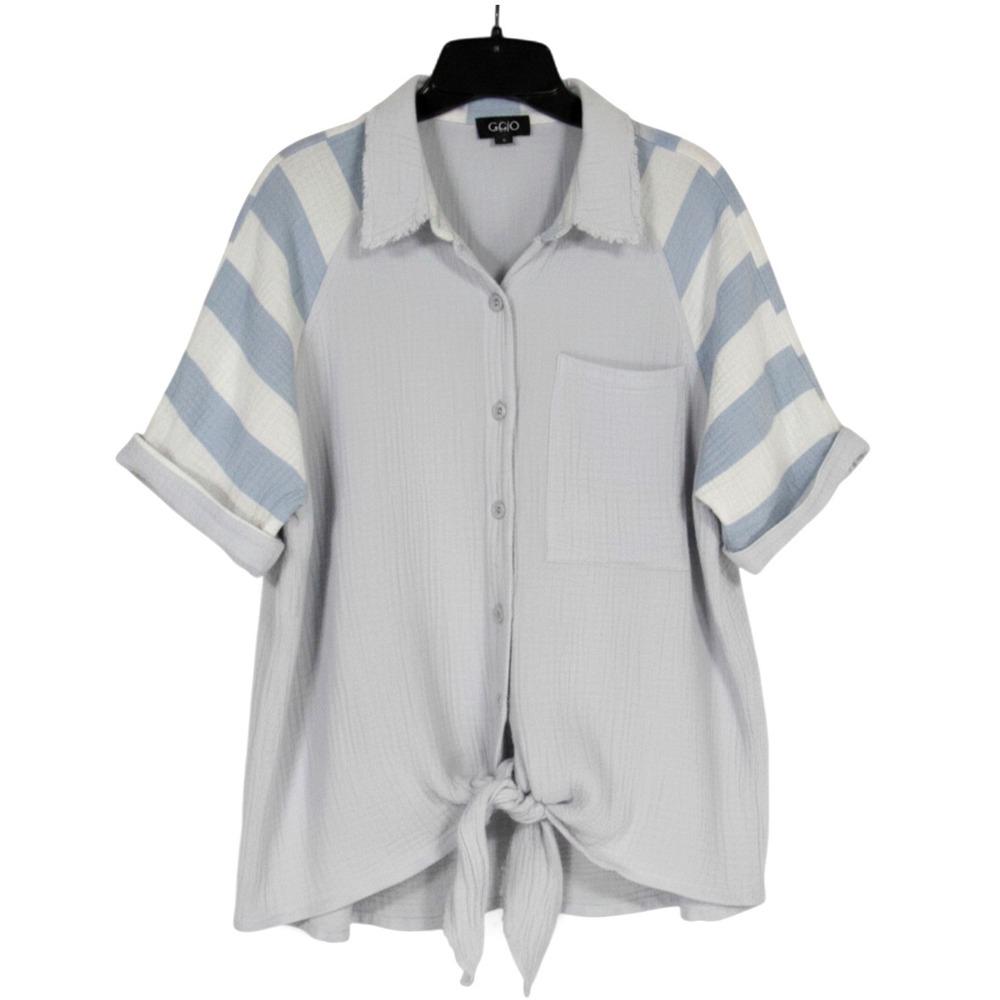 GIGIO USA Gray/Blue COLORBLOCK Button-Up TIE FRONT Gauze BLOUSE/TOP Sz S